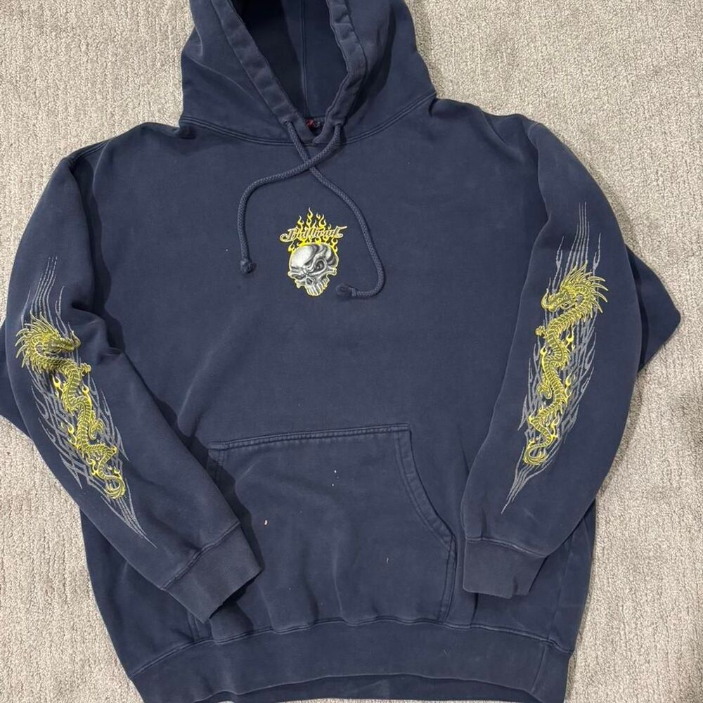 Y2k Navy skull Bullhead L/XL Hoodie